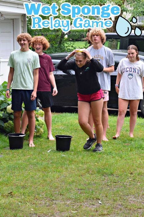 This Sponge Relay Game is the perfect water game for a hot summer day. It’s a great sponge relay for a field day game or summer party game — a hilarious competition for all ages. Adult Relay Race Games, Sponge Relay, Relay Race Games, Family Olympics, Vbs Games, Field Day Activities, Retreat Planning, Pep Rally Games, Field Day Games