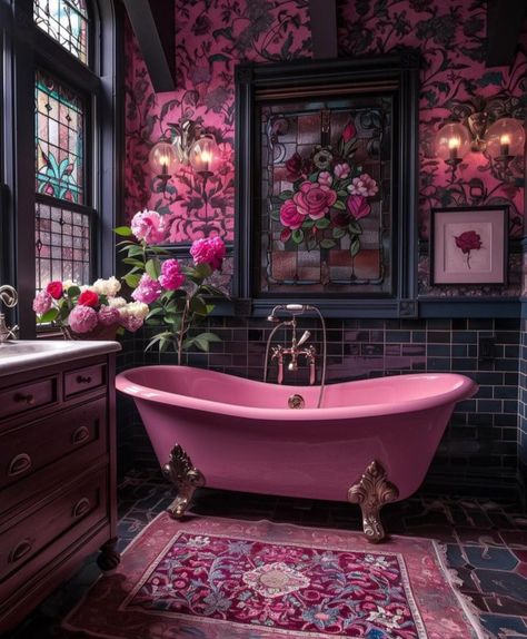 Dark Pink Bathroom, Decadent Aesthetic, Moody Bathroom Ideas, Dark Pink Velvet, Boho Bathrooms, Pink Velvet Fabric, Moody Bathroom, Luxurious Wallpaper, Floral Bathroom