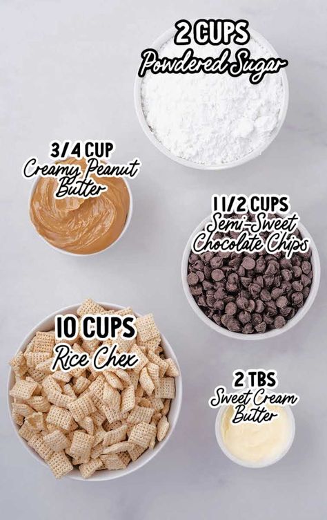 Puppy Chow recipe raw ingredients that are labeled Recipe For Puppychow, How Do You Make Puppy Chow, Halloween Puppy Chow Recipe, Puppy Chow With Peanut Butter, Easter Puppy Chow Recipes, Chex Mix Recipes Peanut Butter, Puppy Chow Chex Mix Recipe Christmas, How To Make Puppy Chow Recipes, Original Puppy Chow Chex Mix Recipe