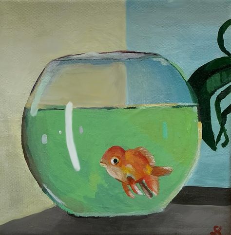 Fish bowl 🐠 Acrylic on canvas. #acrylicpainting #fishbowl #acryliconcanvas #sketchbook #procreate #digitalart Fish In A Bowl Painting, Fishbowl Painting, Fishbowl Drawing, Fish Bowl Drawing, Salmon Painting, Aquarium Painting, Animal Art Projects, Fish Bowl, Kids Art Projects