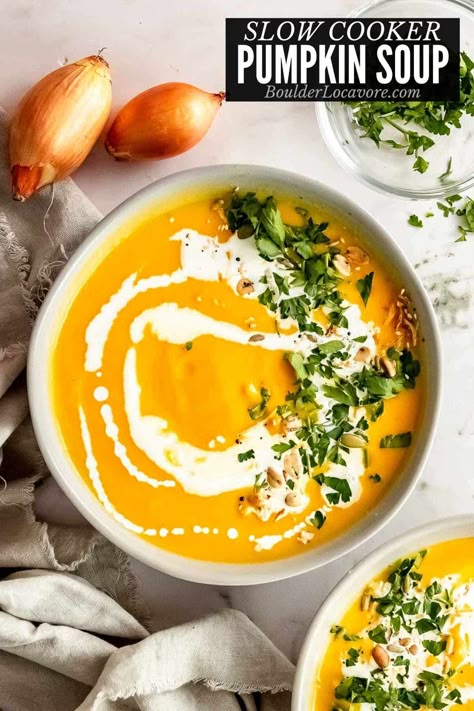 This soul-warming Slow Cooker Pumpkin Soup is hearty and satisfying. Brimming with fall flavors with warm spices, fresh pumpkin, potatoes and onions. Crock Pot Pumpkin Soup, Slow Cooker Autumn Recipes, Pumpkin Soup Crockpot, Pumpkin Soup Slow Cooker, Slow Cooker Pumpkin Soup Recipe, Crockpot Pumpkin Soup, Slow Cooker Pumpkin Curry, Best Fall Soup Recipes, Curry Pumpkin Soup