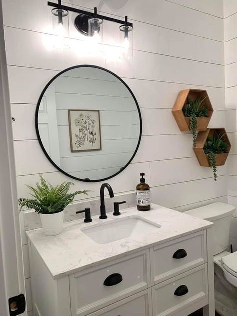 Small Half Bath Accent Wall Ideas, Half Bathroom Vanity Ideas Small Spaces, Half Bath Shiplap Accent Wall, Half Bath Toilet Across From Sink, Half Bathroom Painted Vanity, Shiplap Behind Bathroom Mirror, Bathroom Mirror Half Bath, Half Bath Green Vanity, Shiplap Half Bathroom Ideas