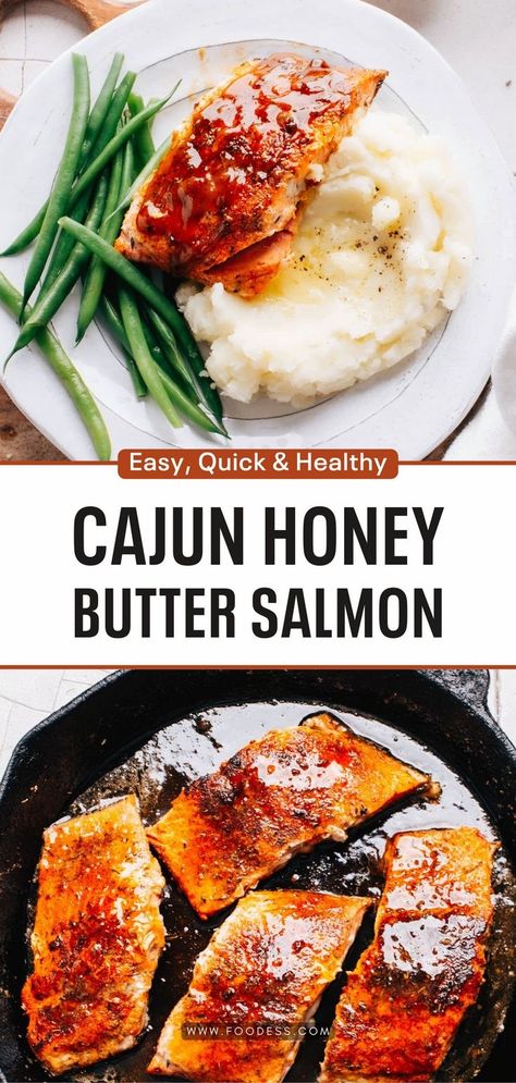 This salmon recipe is so good, it will blow your mind! The salmon is crispy on the outside and flaky on the inside, and it's coated in a sticky, sweet and spicy Cajun honey butter sauce. It's the perfect dish for a weeknight meal or a special occasion. You can make this in just 10 minutes with a few pantry ingredients. Get the full recipe and step-by-step video tutorial on my blog now! Cajun Honey Butter Salmon, Honey Butter Salmon, Honey Butter Sauce, Easy Salmon Recipe, 10 Minute Meals, Cajun Butter, Seared Fish, Asparagus Fries, Butter Salmon