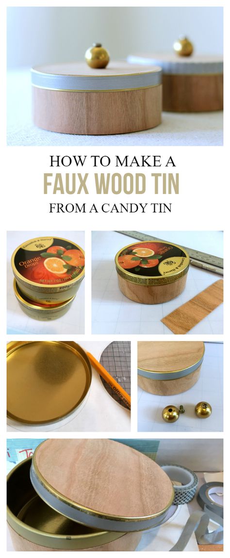 homework: UPCYCLING: How to make a faux wood tin from a candy tin Popcorn Tin Repurpose Diy, Cookie Tins Repurposed, Tin Projects, Reuse Crafts, Tin Crafts, Popcorn Tin, Trailer Diy, Container Ideas, Upcycled Projects