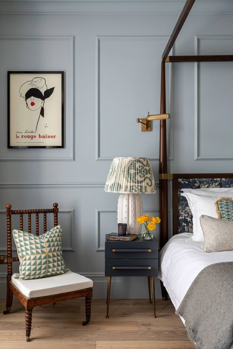 Bridgeton Bedroom Aesthetic, Pastel Blue Walls Bedroom, Dusty Blue Bedroom, Moody Blue Bedroom, Blue Guest Bedroom, Blue Gray Bedroom, Wood Cabin, London Townhouse, Bedroom Bedding