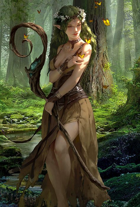 Dryad Art Nymphs, Fantasy Dryad Art, Druid Artwork, Druid Elf Female, Dryad Female, Feywild Art, Dryad Character Design, Druid Fantasy Art, Spring Eladrin Female