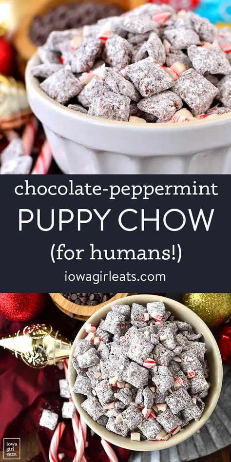 Chocolate-Peppermint Puppy Chow (for humans!) is such a treat. Crunchy, sweet, and pepperminty, this holiday snack will fly out of the bowl. iowagirleats.com keywords: christmas treats, christmas treats for gifts, no bake desserts, puppy chow chex mix recipe Peppermint Puppy Chow Recipe, Peppermint Puppy Chow, Puppy Chow Cookies, Puppy Chow Christmas, Puppy Chow Chex Mix Recipe, Chow Puppy, Chex Mix Puppy Chow, Chocolate Chex, Holiday Snack