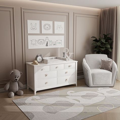 kid's bedroom in beige shades Luxurious Kids Bedroom, Elephant Rug, Bespoke Handles, Diaper Station, Luxury Kids Bedroom, Kids Interior Design, Unique Cabinets, Changing Station, Unique Interior Design