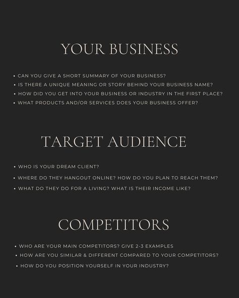 SNEAK PEEK 👀 get a glimpse inside our branding questionnaire! 💼 the goal is to develop a solid strategy to help you create an elevated, effective, and beautiful brand that fully represents your vision. by using key questions we ask our clients to understand their business, target audience, and competitors. ___________ #BrandingStrategy #BusinessGrowth #BrandDevelopment #MarketingTips #SocialMediaStrategy Target Audience Moodboard, Target Audience Aesthetic, Brand Questionnaire, Branding Questionnaire, Start Own Business, Client Questionnaire, Business Offer, Branding Tips, Dream Client