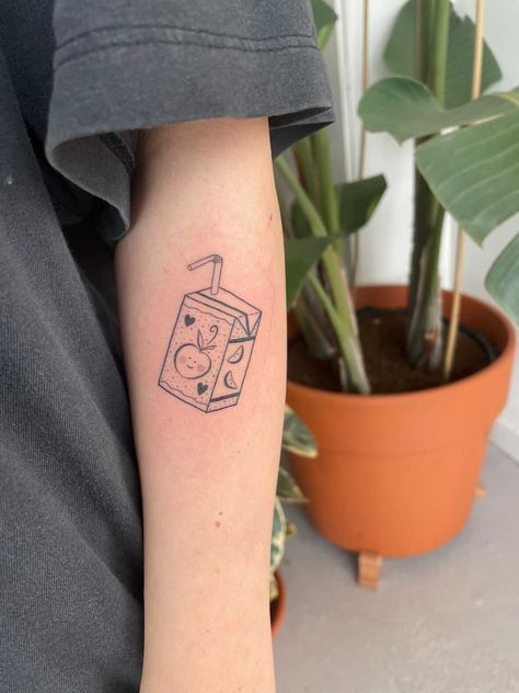 Apple Juice Box Tattoo, Juice Carton Tattoo, Small Tattoos Drawings, Quirky Tattoo Ideas, Juicebox Tattoo, Small Quirky Tattoos, Juice Box Tattoo, Quirky Tattoos, Box Tattoo