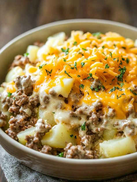 Slow Cooker Hamburger Potato Casserole Recipe - Then and Now Recipes Dump And Go Hamburger Crockpot Dinners, Cheesy Hamburger Potato Soup Crockpot, Crockpot Hamburger Meat Recipes, Cheesy Hamburger Potato Soup, Slow Cooker Hamburger Recipes, Slow Cooker Dump Meals, Slow Cooker Hamburger, Hamburger Potato Casserole, Hamburger And Potatoes