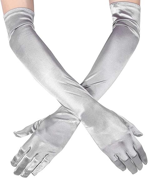 Great Gatsby Accessories, 1920s Flapper Costume, Fancy Gloves, Silver Gloves, Party Gloves, Silk Gloves, Prom Costume, Grey Gown, Satin Gloves