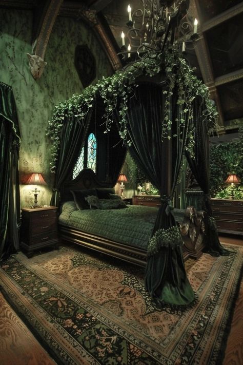 14 Gothic Bedroom Interior Ideas To Fuel Your Dreams! - My Decor Inspo Gothic Victorian House Interior, Gothic Canopy Bed, Decoration Ideas Aesthetic, Gothic Bedrooms, Victorian Gothic Interior, Bedroom Interior Ideas, Gothic Victorian House, Gothic Interior Design, Victorian Gothic Decor