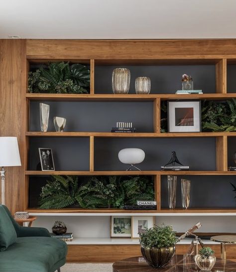 Bookcase Living Room Modern, Built In Shelves Living Room Mid Century, White And Wood Bookshelves, Built In Shelves Living Room Natural Wood, Wood Panel Wall With Shelves, Midcentury Modern Built In Shelves, Wood Bookcases In Living Room, Wooden Shelving Living Room, Mid Century Modern Built Ins Bookshelves