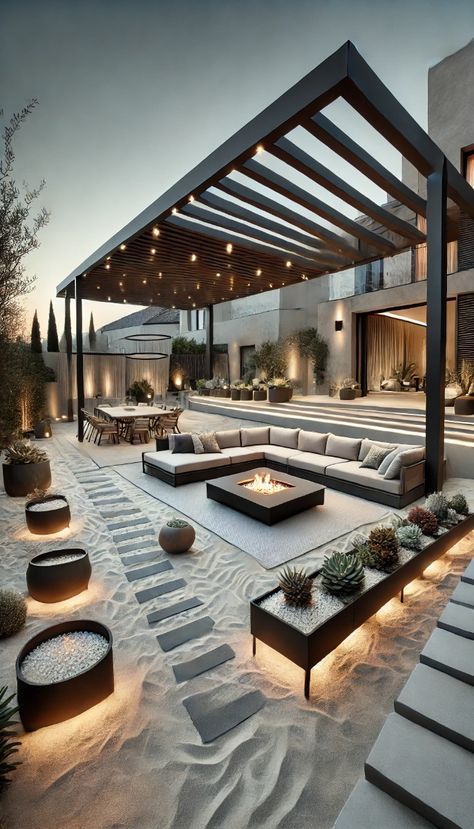 Outdoor Ideas Small Spaces, Outdoor Lounge Decor Ideas, Houses In Desert, Fire Pit Terrace, Outdoor Patio Design Modern, Fire Pit With Pergola, Luxury Terrace Design, Luxury Backyard Landscaping, Outside Lounge Area