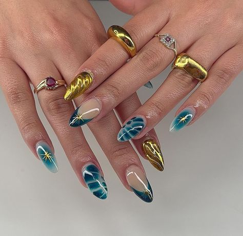 Green And Gold Almond Nails, Teal And Gold Nails, Gold Almond Nails, Chrome Almond, Acrylic Aesthetic, Bright Lights Big City, Urban Nails, Funky Nail Designs, Teal Nails