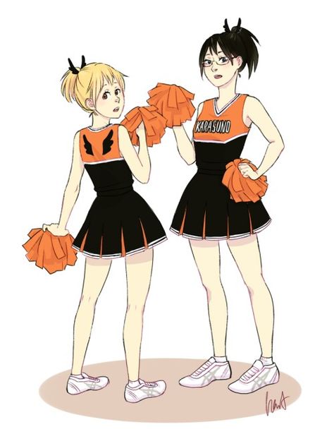 I love this idea. The little wings on the back are so cute!! Karasuno Cheerleader Uniform, Haikyuu Cheerleader Uniform, Haikyuu Cheerleader, Cheerleader Outfit Drawing, Shifting Haikyuu, Anime Cheerleader, Karasuno Fly, Illustration Tumblr, Haikyuu Yachi