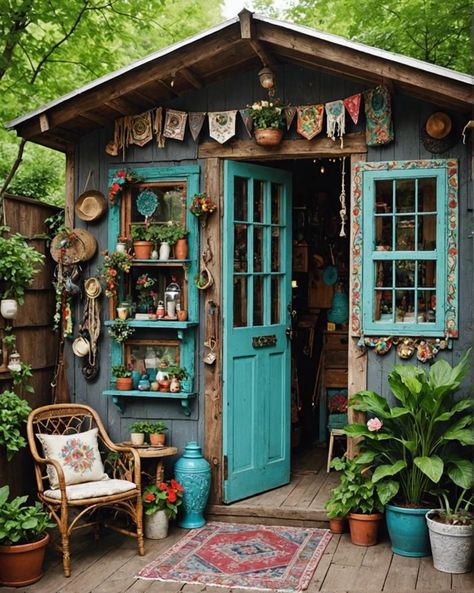 Cute Potting Sheds, A Frame Garden Shed, Inside Of Shed Ideas, She Shed Wine Bar, Small Potting Shed Interior Ideas, Small Garden Studio, Whimsical She Shed, Greenhouse She Shed Ideas, Decorate Shed Exterior