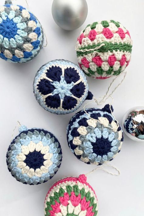 Crochet Christmas Baubles PATTERN in ENGLISH, CrochetForYouStore, Set of Granny square ornaments, Xmas tree ornament decoration, Vintage inspired handmade decor Looking for Christmas ornaments? Check these crochet Granny stripe Christmas baubles! The pattern for this Christmas hand stitched ornaments is a step by step tutorial in English (US crochet terms) completed with detailed pictures. Crochet Christmas Baubles, Stitched Ornaments, Granny Square Christmas, Square Ornaments, Granny Stripe, Crochet Terms, Crochet Christmas Trees, Crochet Ornaments, Xmas Tree Ornament