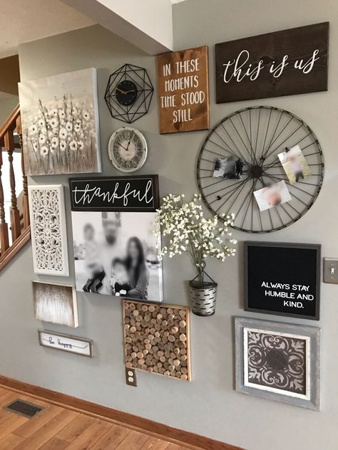 Photo Collage Living Room Wall, Rustic Farmhouse Gallery Wall, Cluster Pictures On Wall, Wall Collage Picture Frames Living Rooms, Big Wall Collage Ideas, Photo Wall Collage Living Room Boho, Picture Wall Farmhouse Style, Hallway Collage Wall, Living Room Picture Collage