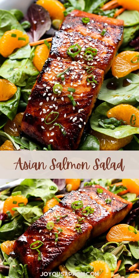 Salmon Salad - yummy and healthy salad recipe with marinated salmon makes a delicious light dinner meal! Spinach, mandarin oranges and carrots tossed in a homemade Ginger Soy Dressing topped with salmon fish. A great seafood option! Salad With Seafood Dinner, Salmon Salad Dressing Recipes, Salmon Salad Dressing Vinaigrette Recipe, Salmon Over Salad, Salmon And Slaw, Salmon In Salad, Salad To Pair With Salmon, Salmon With Carrots, Citrus Salmon Salad