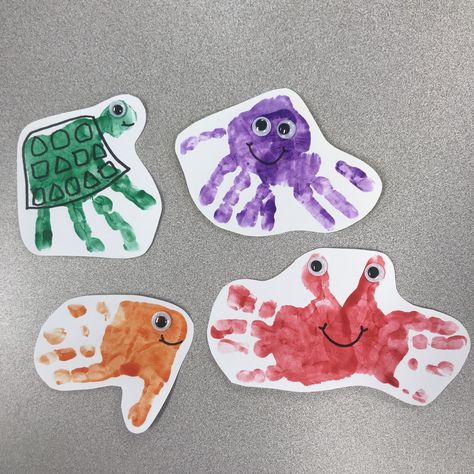 Sea Creature Preschool Crafts, Sea Animals Handprint Art, Handprint Sea Creatures, Sea Turtle Handprint Art, Crab Handprint Art, Crab Handprint Craft, Starfish Handprint Craft, Hand Fish Craft, Sea Animal Handprint Craft