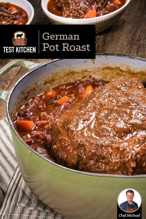 A classic meal of oven braised chuck roast and red cabbage, German Pot Roast is rich and hearty with onions, carrots, German mustard, and dark beer. German Pot Roast, Simple Pot Roast, Easy German Recipes, German Food Authentic, Pot Roast Recipe, Best Beef Recipes, Roast Beef Recipes, Dutch Oven Recipes, Beef Chuck Roast