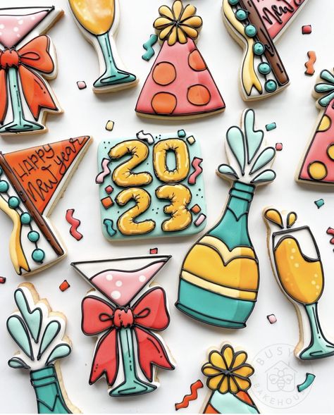 New Years Eve Sugar Cookie Ideas, New Year Eve Cookies, Nye Illustrations, New Year’s Eve Cookies Decorated, Happy New Year Cookies Decorated, New Years Eve Cookies Decorated, New Years Decorated Cookies, New Year Cookies Decorated, New Years Cookies Decorated Royal Icing