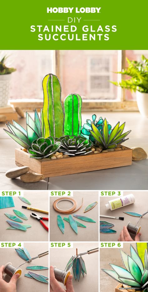 Want a new twist on the succulent trend? DIY a stained glass version of your favorite greenery for a refreshing update. Succulent Stained Glass Art, Cactus Stained Glass Patterns Free, Making Stained Glass Art, Fused Glass Succulent, Plastic Stained Glass Diy, Stained Glass Succulent Patterns Printable Free, Stained Glass Crafts Diy, Beginning Stained Glass Projects, Beginner Stained Glass Projects Simple