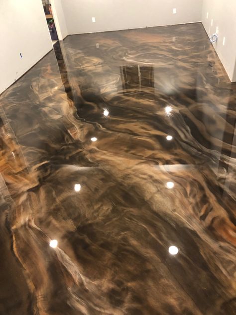 Epoxy coating Barndominium Epoxy Floor, Barndo Addition, Brown Epoxy Floor, Epoxy Basement Floor Ideas, Epoxy Bathroom Floor, Epoxy Basement Floor, Acid Wash Concrete, Epoxy Floor Basement, Yurt Life