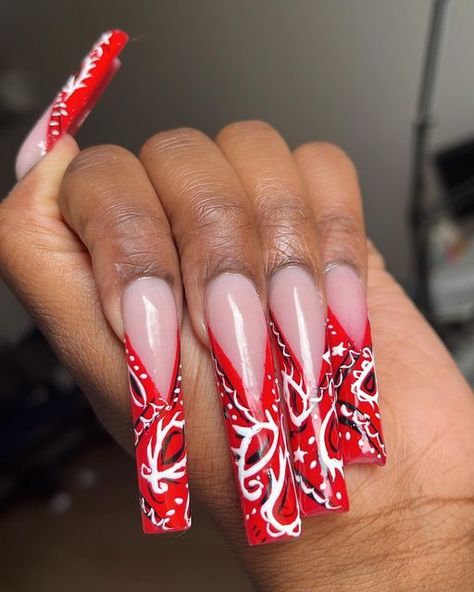 Red Bandana Nails, Paisley Nail Art, 19 Bday, Flatbush Brooklyn, Bandana Nails, Nyc Nails, Celebrity Nails, Exotic Nails, Really Cute Nails