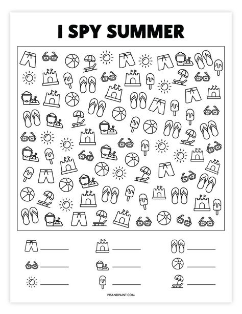 I spy summer Occupational Therapy Kids, Summer Worksheets, Free Thanksgiving Printables, Summer Words, Kindergarten Coloring Pages, I Spy Games, Word Search Printables, Spy Games, Halloween Printables Free