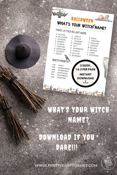 Halloween What’s Your Witch Name Whats Your Name Game https://prettypartygames.etsy.com/PrettyPartyGames/listing/1549477952/halloween-whats-your-witch-name-whats Party Games For Work, Whats Your Name Game, Witchy Names, Printable Party Games, Witch Names, Name Game, Ice Breaker Games, Name Games, Halloween Bash