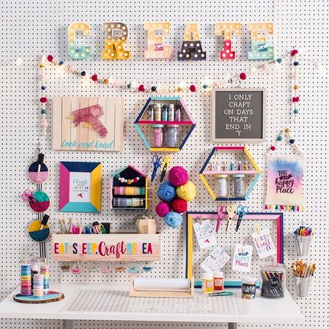 Craft room goals! Create a perfect space for your supplies with Dawn's step by step tutorial on creating your crafty space! Shop the look get the steps, link in profile.  #craftroomgoals #craftroom #storageideas #craftstorage #craftinginspo #mscrafty #eatsleepcraftrepeat #fun365 #orientaltrading Craft Ideas For Bedroom, Pegboard Craft Room, Canvas Banners, Dream Craft Room, Craft Room Design, Office Room Decor, Diy Craft Room, Craft Room Decor, Office Crafts