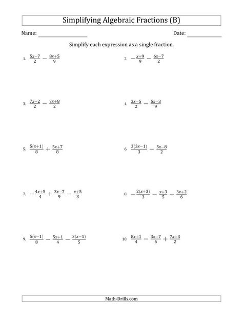 The Simplifying Simple Algebraic Fractions (Harder) (B) Math Worksheet from the Algebra Worksheets Page at Math-Drills.com. Algebraic Fractions Simplifying, Algebra 1 Worksheets, Algebra Questions, Algebraic Fractions, Algebraic Expressions Worksheet, 8th Grade Math Worksheets, Multiplying Polynomials, Simplifying Algebraic Expressions, Rhyming Worksheet