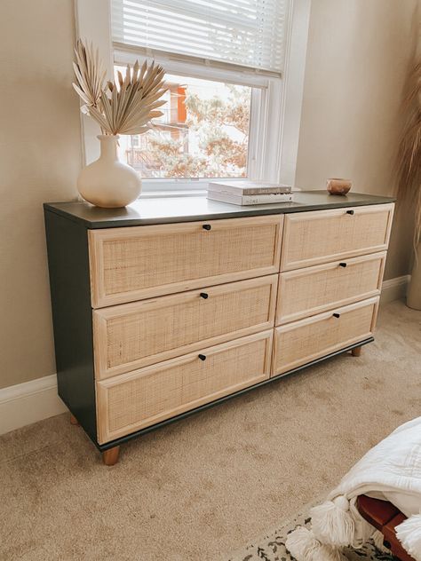 DIY Cane Dresser + Ikea Tarva Hack Upgrade Dresser Diy, Remodel Ikea Dresser, Cane Dresser Makeover, Dresser Makeover With Cane, Add Rattan To Dresser, Textured Dresser Drawers Diy, Ikea Cane Dresser Hack, Diy Cane Dresser Drawers, Ikea Malm Dresser Hack Cane