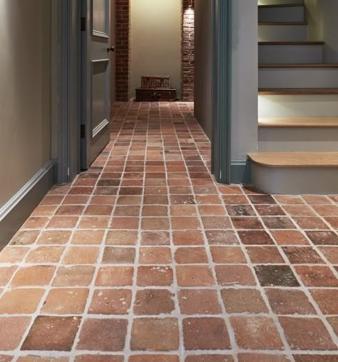 Red Tile Floor, Terracotta Tile Floor, Terracotta Flooring, Terracotta Floor Tiles, Terracotta Floors, French Terracotta, Reclaimed Tile, Brick Floor, Tiled Hallway