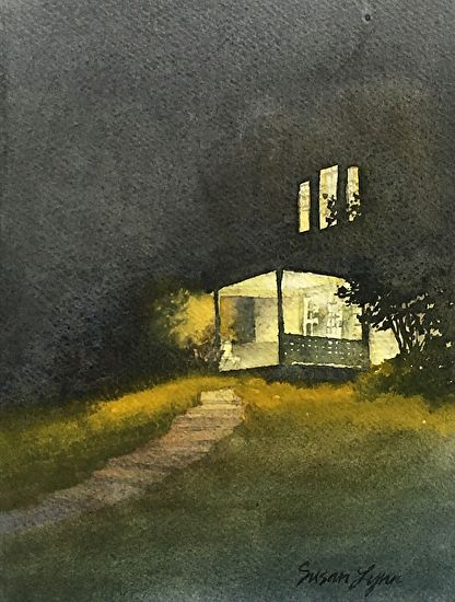 Welcome Home by Susan Lynn Watercolor ~ 8" x 6" Night Landscape Watercolor, Night Time Watercolor, Watercolor Night Scene, Nocturn Paintings, Moody Watercolor Paintings, Nighttime Watercolor, Night Watercolor Paintings, Watercolor Art Night, Dark Watercolor Paintings