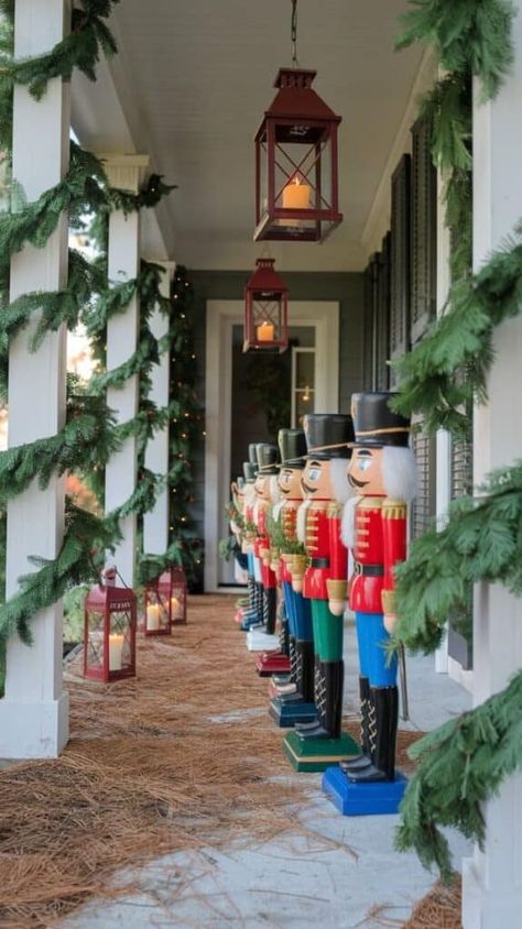 16 Nutcracker Christmas Porch Decor Ideas » Lady Decluttered Nutcracker Front Porch Decor, Porch Nutcracker, Lady Decluttered, Red Lanterns, Christmas Porch Decor Ideas, Nutcracker Decor, Nutcracker Christmas Decorations, Front Door Christmas Decorations, Christmas Fireplace Decor