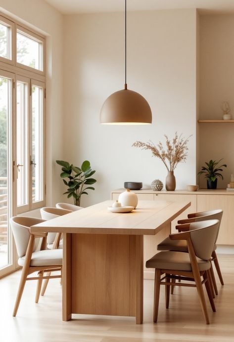 Experience the harmony of Japandi design in this minimalist dining room. The natural wood table, soft beige chairs, and gentle lighting create a tranquil space perfect for gatherings, showcasing the beauty of simplicity and elegance. Dining Room Light Fixtures Japandi, Japandi Interior Design Dining Room, Asian Minimalist Home, Japandi Dining Chairs, Dining Room Minimalist, Elegant Japandi, Japanese Dining Room, Japandi Dining Room, Gentle Lighting