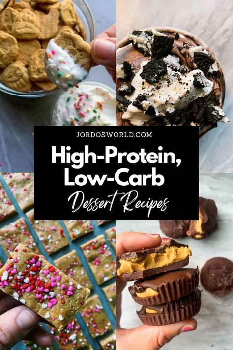 A list of 50+ easy and healthy high-protein, low-carb recipes that taste delicious! High Protein Low Carb Treats, High Protein Low Carb Recipes Dessert, Low Carb High Protein Sweet Treats, Healthy High Protein Sweet Snacks, Keto Protein Dessert, Protein Low Carb Desserts, Easy High Protein Sweet Snacks, Hi Protein Low Carb Desserts, Low Carb Protein Recipes