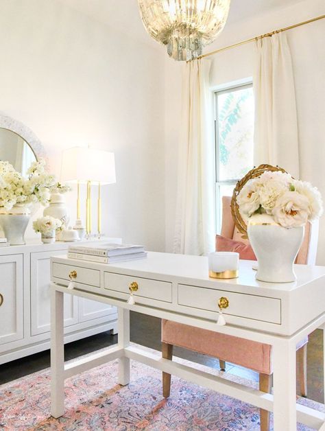 Pink, blue, and white together in a feminine home office space. The use of gold and floral touches bring a chic and glam look for your space. Home Office Aesthetic Luxury, Pink And Ivory Office, Office Design Feminine, Office With White And Gold Desk, Feminine Home Office Classy Chic, Grey White Gold Office, White And Pink Office, Cream Office Decor, Home Office Girly Chic