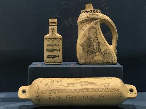 Duke Riley, set of three scrimshaw, No. 57-P, 37, and 81-P of Poly S.Tyrene Memorial Maritime Museum 2019-22. Painted salvage plastic, ink, wax. Photo: Marie Pohl. Duke Riley, Tampon Applicator, Old Tee Shirts, Maritime Art, Brooklyn Museum, Into The Unknown, Murals Street Art, Shadow Art, Maritime Museum