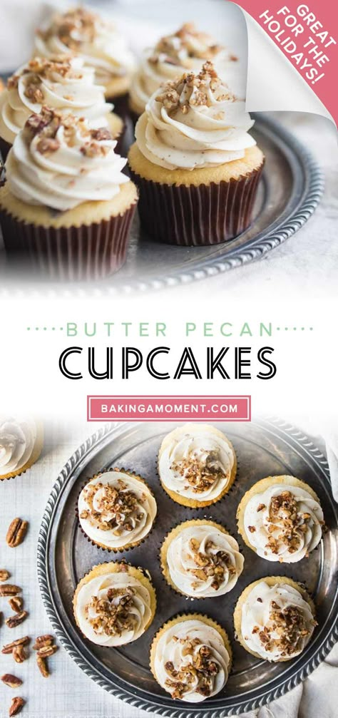 Butter Pecan Cupcakes With Cream Cheese Frosting, Butter Pecan Cupcakes Easy, Butter Pecan Frosting Recipe, Butter Pecan Icing, Southern Cupcakes, Praline Cupcakes, Thanksgiving Fundraiser, Butter Pecan Cupcakes, Pecan Pie Cupcakes