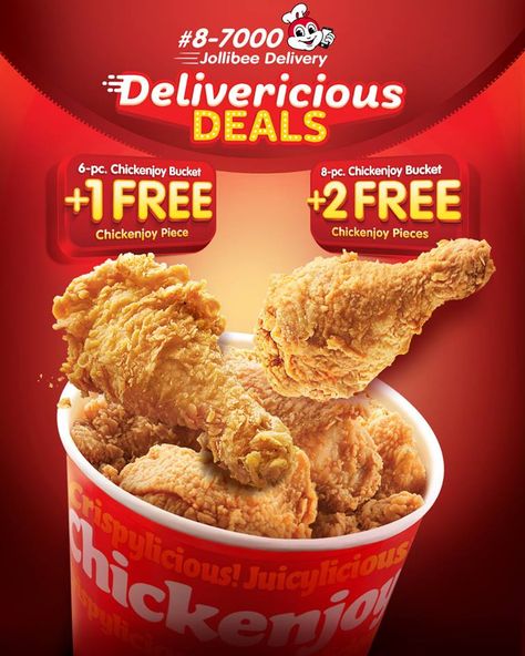 Satiate your taste buds with Philippines' best-tasting, crispylicious and juicylicious Jollibee Delivericious Deals! Chicken Poster Design, Fried Chicken Poster, Menu Kfc, Kentucky Fried Chicken Menu, Fried Chicken Bucket, Chicken Joy, Chicken Bucket, Chicken Poster, Kentucky Fried Chicken