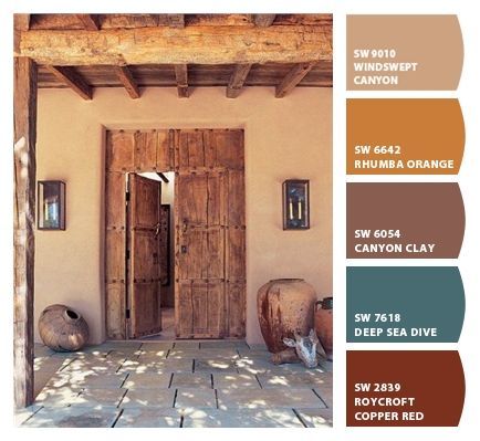 Southwestern Exterior House Colors, Southwestern Accent Wall, Ranch Color Palette, Spanish Colonial Color Palette, Hacienda Color Palette, Southwest Paint Colors Interior, Southwestern Paint Colors, Santa Fe Color Palette, Southwest Paint Colors