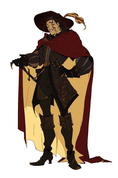 Lance Character Design, Dnd Rogue Swashbuckler, Musketeer Hat Drawing, Caped Character Design, Pirate Clothing Reference, Fantasy Pirate Outfit Male, Dnd Ship Art, 1700s Character Design, Stage Magician Character Design