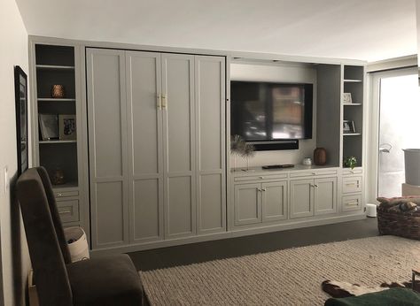 Murphy Bed Game Room, Bonus Room With Murphy Bed, Murphy Bed With Tv Mount, Murphy Bed Tv Stand, Basement Bedroom Murphy Bed, Living Room Murphy Bed, Murphy Bed Gameroom, Murphy Bed Tv Wall, Murphy Bed Media Room