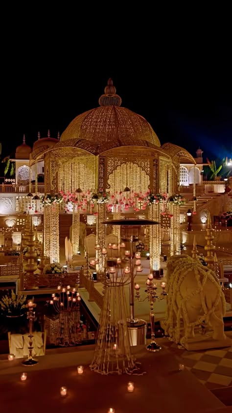 glamorous wedding mandap decor✨ #weddingdecors #decoridea #pinterest #pinterestaddict #pinterestinspired #pinterestinspiration #wedding #mandapdecor #mandap Mandap Decor Indian Night, Vedi Mandap Decoration, Grand Mandap Decor, Royal Mandap Decoration, Night Mandap Decor, Mughal Decor Wedding, Royal Wedding Theme Decorations, Mughal Theme Wedding Decor, Traditional Wedding Decor Indian