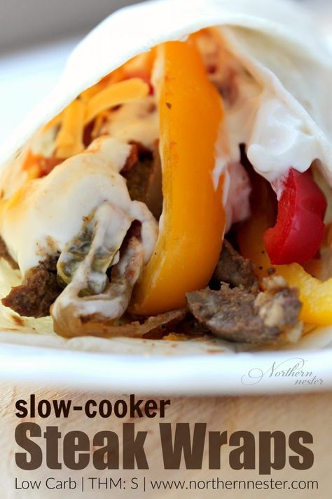 slow-cooker-steak-wraps-thm Thm Crockpot, Chocolate Covered Cheesecake Bites, Farm Meals, Thm Lunch, Chocolate Covered Cheesecake, Thm Meals, Steak Wraps, Slow Cooker Steak, Crockpot Meal